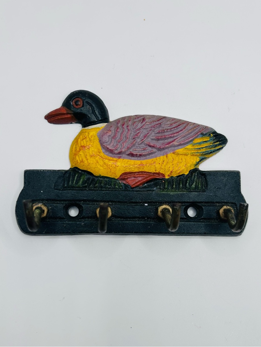 Vintage Cast Iron Metal Duck Wall Hook Rack 4 Hooks Rustic Cottage Cabin Decor